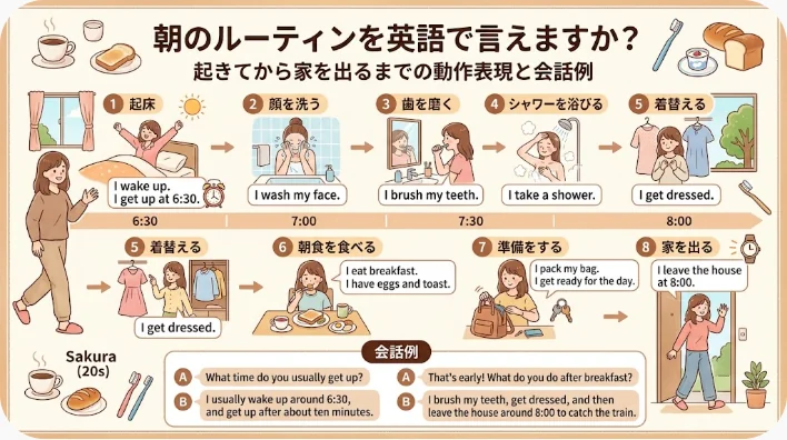 ある日本のインフォグラフィックでは、若い女性の朝のルーティンの手順が、英語と日本語のテキスト、シンプルなイラスト、そして日頃の習慣に関する英語の会話例とともに紹介されています。.