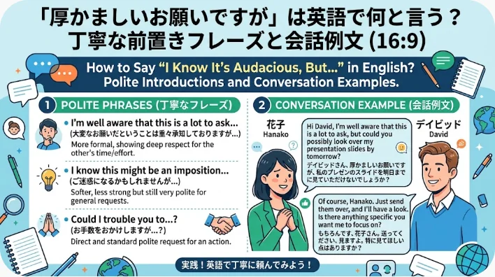 英語で丁寧に依頼する方法について解説したインフォグラフィック。イラスト付きの例文や、日本語と英語の対訳が掲載されています。.