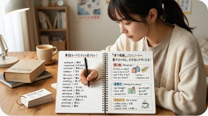 学習机の上に開かれた英単語ノート、鉛筆、付箋、同心円と波形を描いた紙、小さな地球儀、紅茶のカップが並んでいる