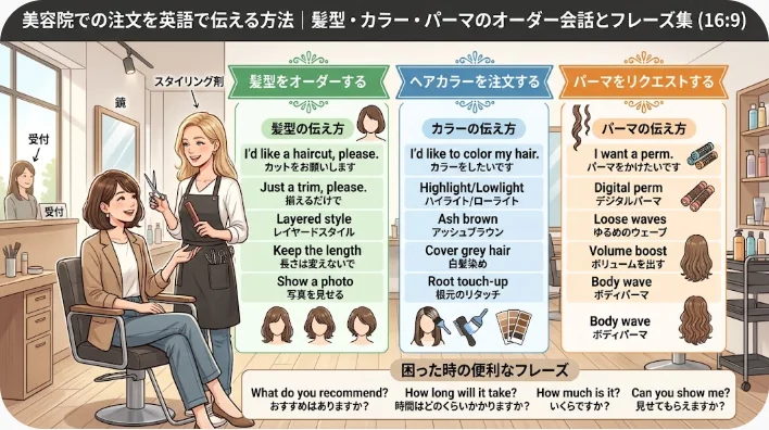 美容室でスタイリストと会話している女性のイラスト。カット、カラー、パーマのメニューが英語と日本語のフレーズとともに記載されており、よくある質問と回答も掲載されています。.