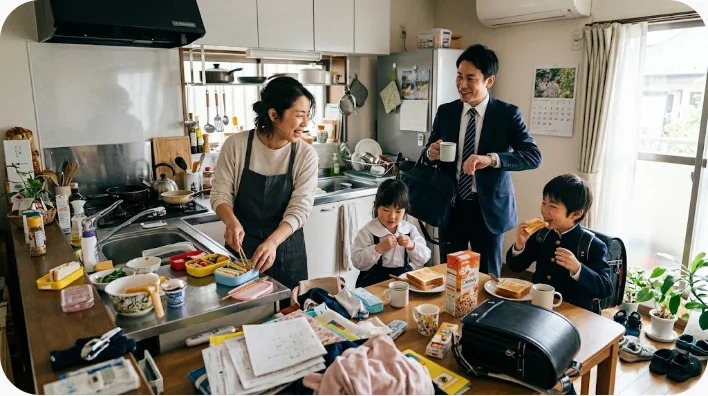 散らかったキッチンで、ある家族が朝の支度をしている。女性が料理を準備し、2人の子供が朝食を食べており、スーツ姿の男性がバッグを手に持ったまま立っている。.