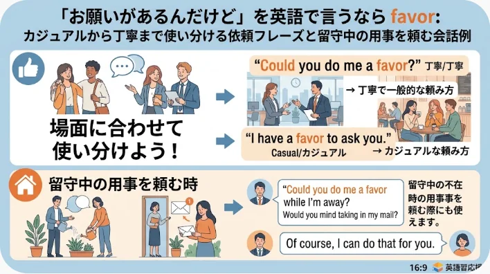 このインフォグラフィックでは、英語での「favor」の使い方を解説し、カジュアルな表現と丁寧な表現を比較するとともに、さまざまな場面での依頼の仕方をイラスト付きで例示しています。.