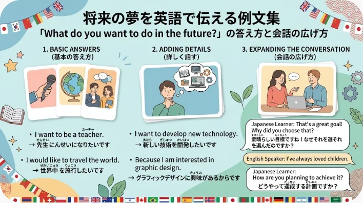 「将来は何になりたいですか？」という質問に英語でどう答えるかを解説したインフォグラフィック。日本語学習者向けの回答例や会話のコツも掲載しています。.