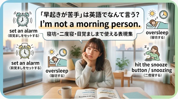 テーブルに腰を下ろし、疲れた様子の女性がいます。その周りには、「私は朝が苦手です」という表現を英語と日本語でどう言うかを説明するテキストやアイコンが並べられており、関連するフレーズやイラストも添えられています。.