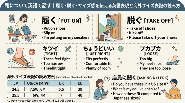 靴屋の店内で低いベンチに座り、白いスニーカーを試し履きしている日本人女性