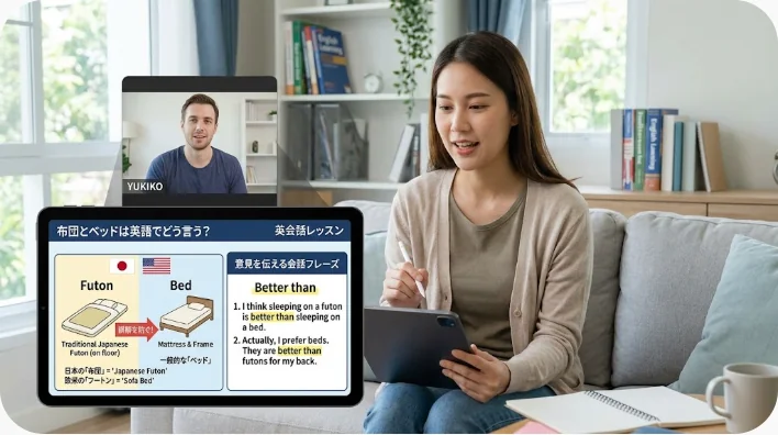 ある女性がソファに座り、タブレットを手に持ちながら男性とビデオチャットをしている。その画面には、ベッドや布団に関する英語のレッスンが表示されている。.