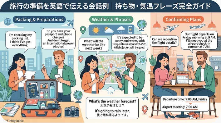 旅行の準備のコツ、役立つ英語のフレーズ、荷造りチェックリスト、天気予報、予約確認の詳細をまとめたインフォグラフィック。イラストには、準備をする人、天気を確認する人、フライトを確認する人の様子が描かれています。.