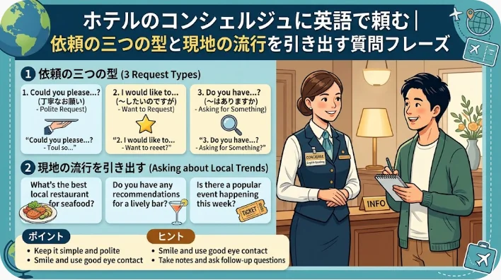 ホテルのロビーで日本人旅行者が地図を持ち、制服のコンシェルジュに相談している様子