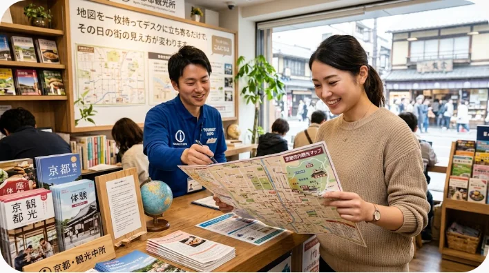 ホテル内で受付カウンターとコンシェルジュデスクが並び、それぞれのスタッフが別の業務を行っている様子