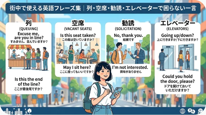 カフェの列の最後尾で、東アジア系の旅行者が地元の人に声をかけて列の位置を尋ねている街角の様子