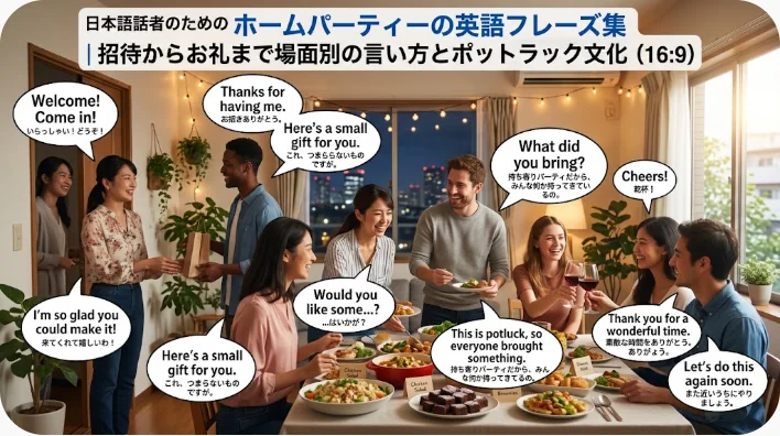 長い木のテーブルに持ち寄り料理が並び、多様な参加者がグラスを掲げて乾杯している自宅での食事の集まり