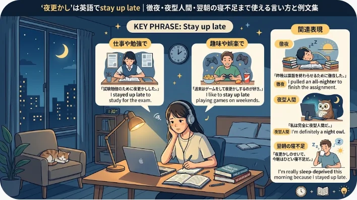 夜遅くデスクランプの明かりの下でノートパソコンに向かう東アジア系の学習者と、窓の外に見える夜の街の灯り