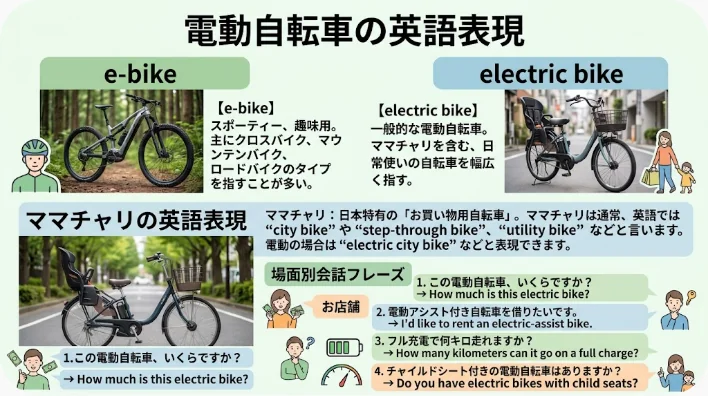 前カゴとチャイルドシートが付いた電動アシスト自転車の横に、買い物袋を持った女性が立っている住宅街の風景