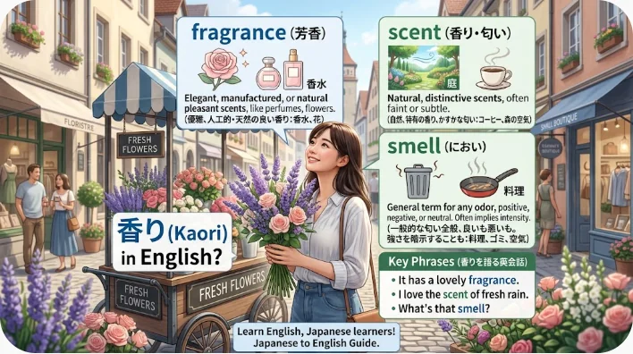 洗い立ての白いリネンを顔に近づけて香りを楽しむ女性と、テーブルに置かれた香水瓶やラベンダー