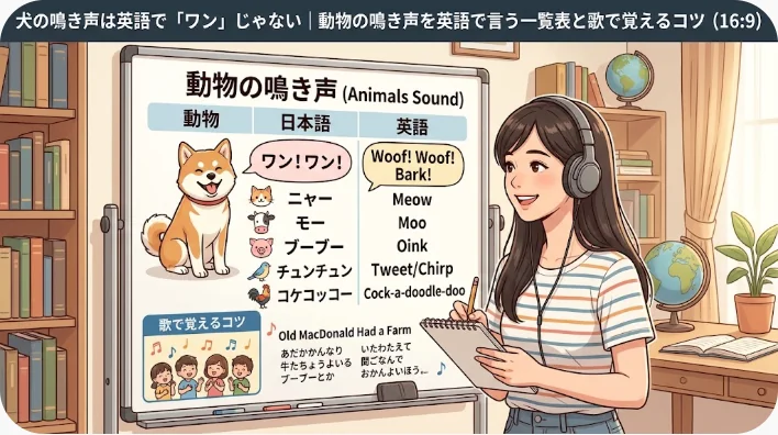 牧場に犬・猫・牛・羊・あひる・雄鶏が並ぶ明るいイラスト