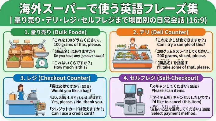 海外のスーパーの野菜売り場で、紙袋に入れたトマトを手にセルフ計量スケールを見つめる東アジア系の女性