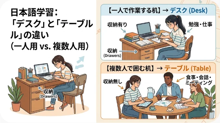 学習者の手がペン立てや引き出しの取っ手に手書きラベルの付箋を貼っている接写