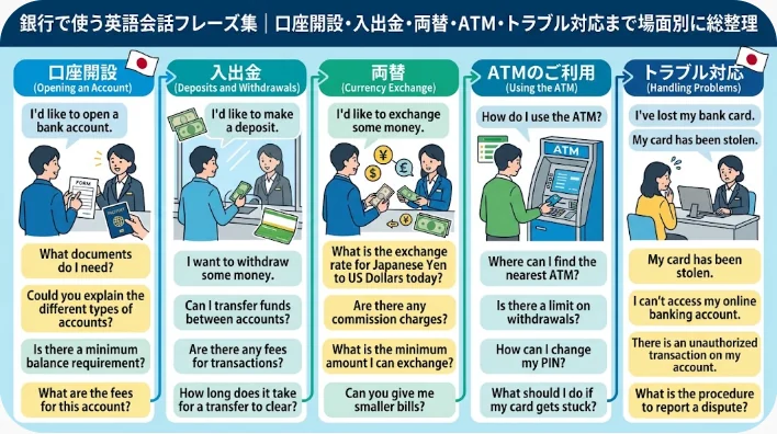 銀行のカウンターでパスポートとカードを持った学習者が窓口担当者に用件を伝えている様子