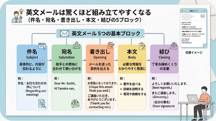 5つのブロックに色付きタブで区切られたメールのひな型が、万年筆と付箋とともにデスクに置かれている様子