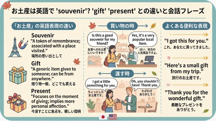 海外のお土産店で棚の商品を見る日本人女性と、奥で商品を指し示す店員