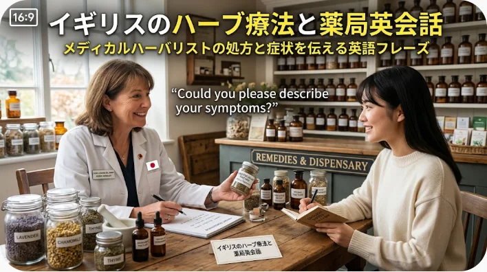 琥珀色のガラス瓶に入った乾燥ハーブが木製の棚に並ぶ、伝統的なイギリスのハーブ薬局の店内