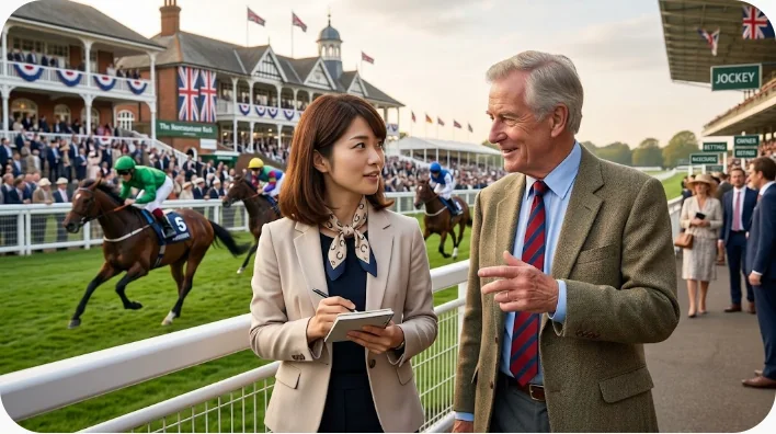 英国の競馬場の最後の直線を、色鮮やかな勝負服の騎手を乗せたサラブレッドが駆け抜けている様子