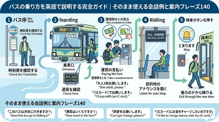 バス停で外国人旅行者にバスを指し示しながら英語で案内する日本人