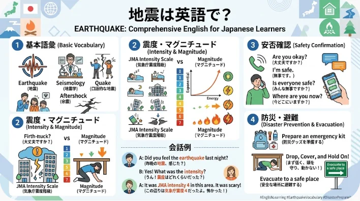 壁に固定された本棚、玄関脇の非常用リュック、備蓄された水と缶詰が置かれた日本の住まいの室内