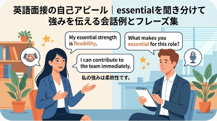 明るい面接室で日本人女性の応募者が2名の面接官に向かって落ち着いて話している様子