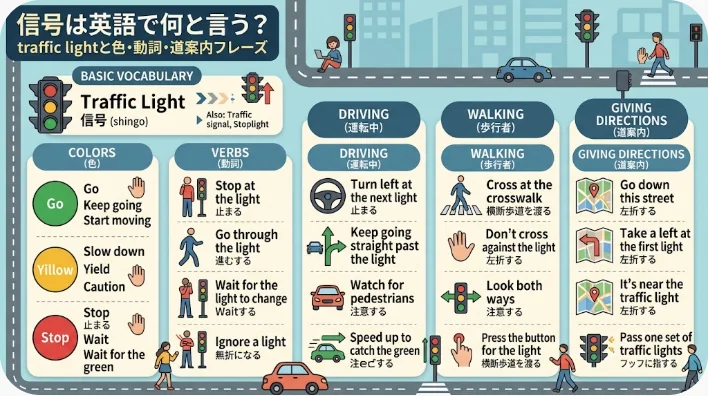 緑に点灯した縦型の信号機の前で、横断歩道を渡ろうとスマートフォンを手に信号を見上げる東アジア系の学習者と、周囲で待つ多様な歩行者たち