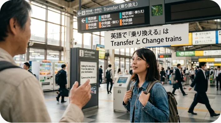 日本の駅のホームで、日本人女性が旅行者に路線図を見ながら乗り換えを案内している様子