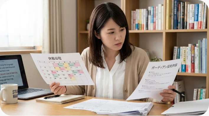 学期カレンダーと契約書類、イギリスの地図、ノートパソコンが並んだ自宅の机を真上から撮影した写真