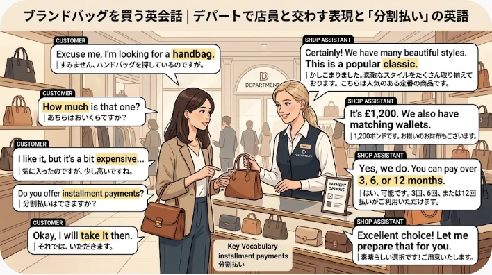百貨店のバッグ売り場で、店員がレザーのハンドバッグを客に見せている場面