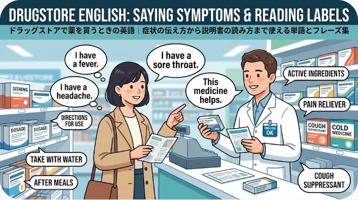 ドラッグストアの薬の棚の前で日本人旅行者が薬剤師に相談している様子