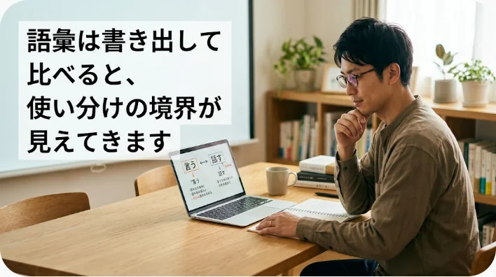 英単語ノート、ペン、付箋、着信画面のスマートフォン、辞書が並んだ学習机を真上から撮った写真