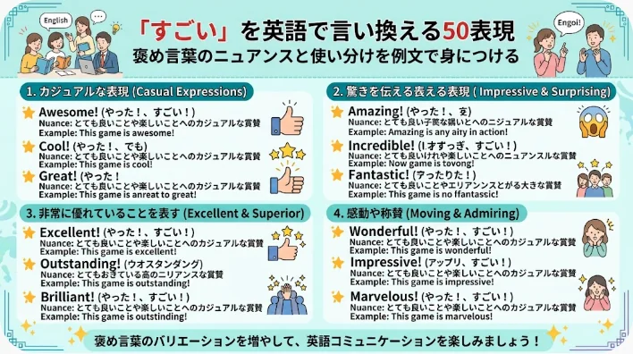 カフェで多様な人種の大人3人が互いを称え合いながら英語で会話している様子