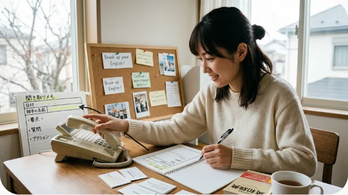 日本人男性社員が電話で話す様子と海外オフィスの女性が携帯電話で話す様子を並べた画像