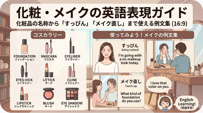 窓辺のドレッサーに並んだファンデーションやビューラー、化粧水のボトルと、開いた学習ノートとペン