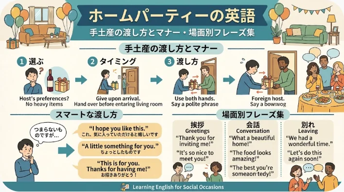 夕暮れの玄関先で、日本人夫婦が焼き菓子の箱と花束、スパークリングワインをイギリス人のホストに手渡している様子
