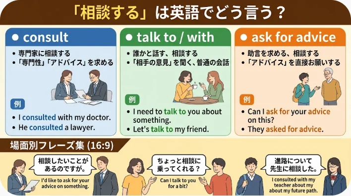オフィスの一角で東アジア系の学習者が同僚と向かい合い、ノートを広げて一対一で相談している様子