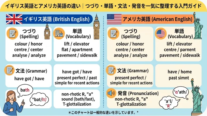 開いた英語ノートの左ページにイギリス風、右ページにアメリカ風のモチーフが描かれたイラスト