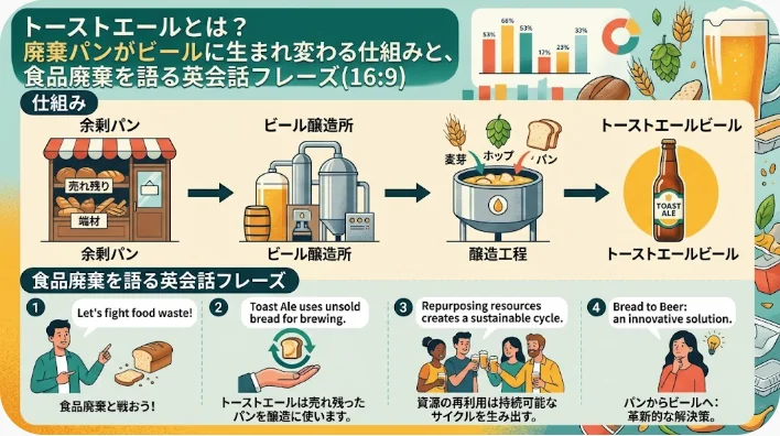 小規模醸造所の作業台に積まれた売れ残りの食パンとパンの耳、大麦麦芽、ホップ、そして琥珀色のエールのグラスと背後の発酵タンク