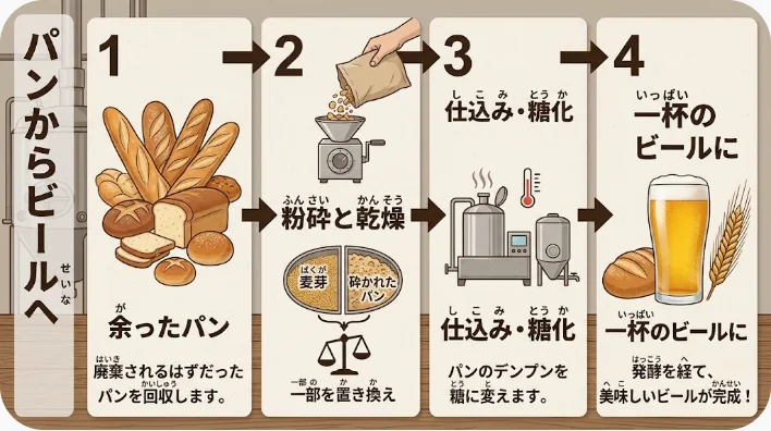 木のテーブルに並んだ食パンのスライスとパンの耳、大麦麦芽、生のホップ、乾燥酵母、琥珀色の麦汁が入ったビーカー