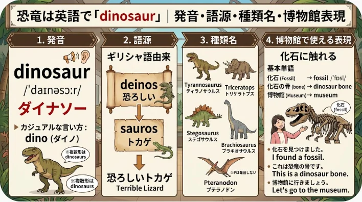 博物館のホールで恐竜の全身骨格を見上げる大人の学習者と子どもの後ろ姿