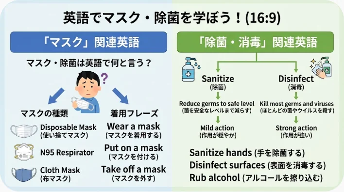 店舗の入り口でマスクを着けた学習者が手指消毒スタンドを使い、店員が笑顔で案内している様子
