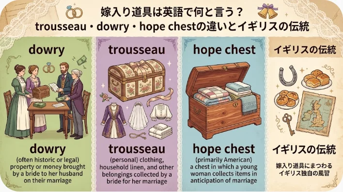 白い刺繍が施されたリネンのシーツとアクアマリンの指輪が、アンティークのチェスト・オブ・ドロワーズの上に置かれている様子