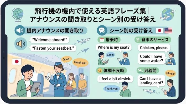 機内の通路側に座った日本人旅行者が、紙コップを持つ客室乗務員に丁寧に話しかけている様子