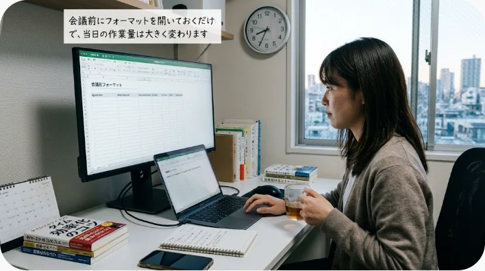 罫線と空欄だけの白紙の議事録フォーム、ボールペン、資料、コーヒーカップが並ぶデスクの俯瞰写真