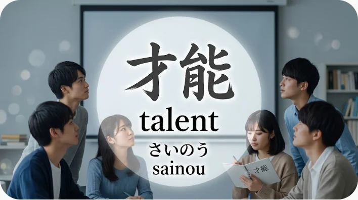 机でtalentと関連語の単語カードを学ぶ日本人の成人英語学習者
