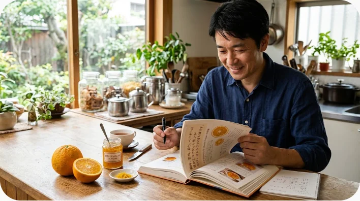 種と厚い果皮が見えるセヴィルオレンジとグラニュー糖を英国の台所に並べた様子